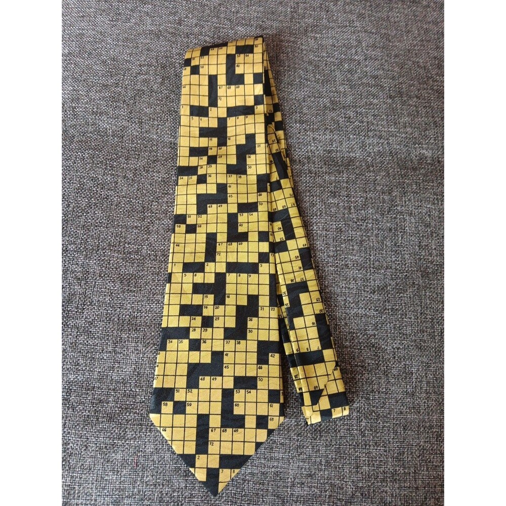 Tie 70s 80s 90s Y2K Mens Vauda Mazzeo Yellow Black Crossword 4 Wide 58 Long